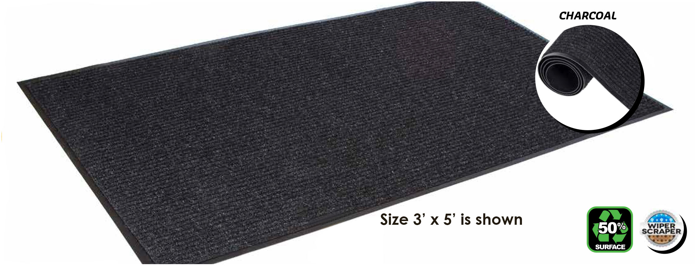 3'x 10' PRORIB® Entrance Mat, Polypropylene Fibre, Vinyl Back, Charcoa